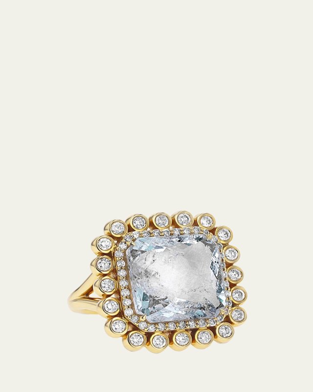 14K Yellow Gold Blue Beryl and Double Row Diamond Bezel Ring